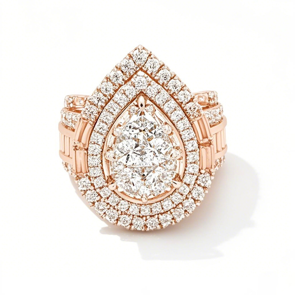 Anel de noivado de ouro rosa 14K 4 CT.T.W. com corte de pêra e vários diamantes, estrutura tripla e várias fileiras D-VVS1 3EX-1