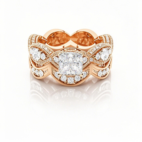 Verlobungsring aus 10 Karat Roségold mit 2,2 Karat Diamant im Prinzessschliff und Halo-Seitenstein in 4-Krappenfassung