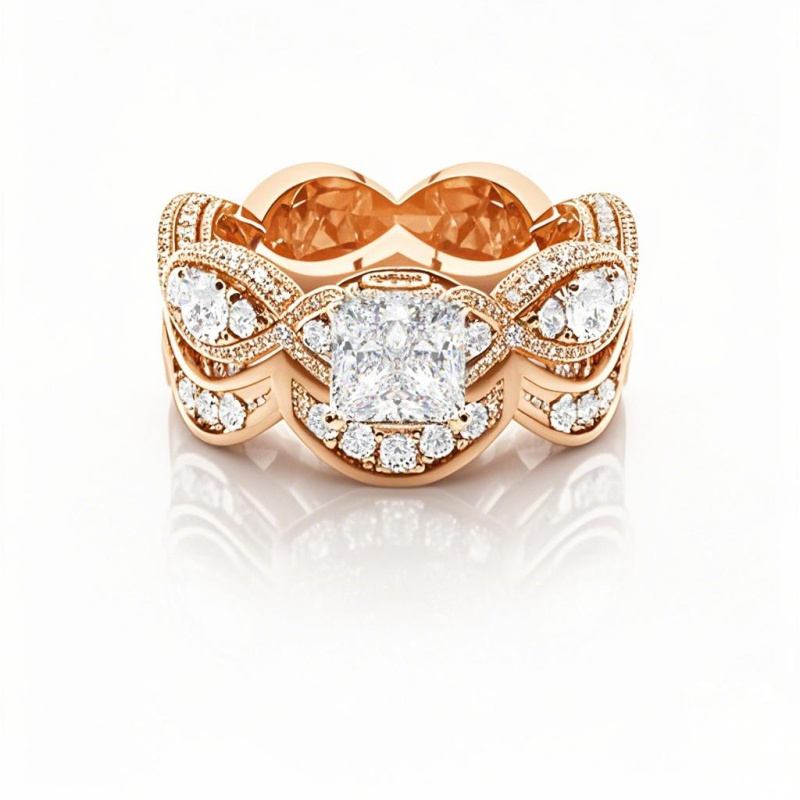 14K Rose Gold 2.2 CT.T.W. Princess Cut Lab Created Diamond 4 Prong Setting Side Stone Halo Engagement Ring-1