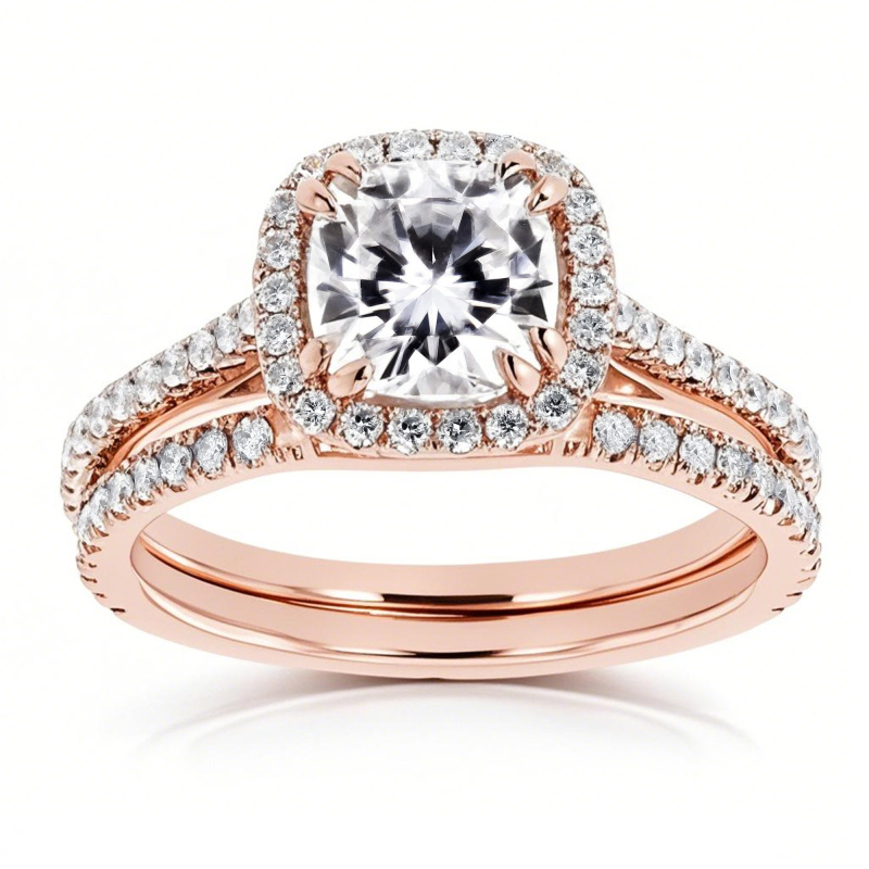 14Kローズゴールド 2カラット プリンセスカット モアッサナイト パーソナライズ刻印入り結婚指輪-1