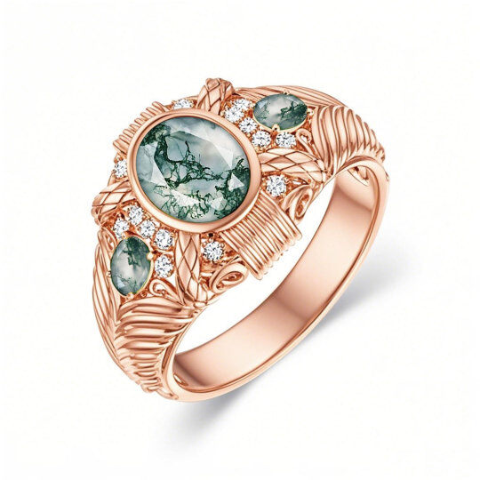 10K Rose Gold 2 CT Round Cut Moss Agate Personalized Engraving Band