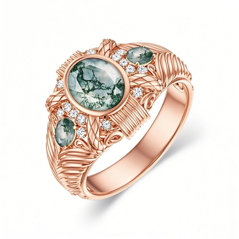 Anel de gravura personalizado em ágata musgo com corte redondo de ouro rosa 10K 2 CT-1
