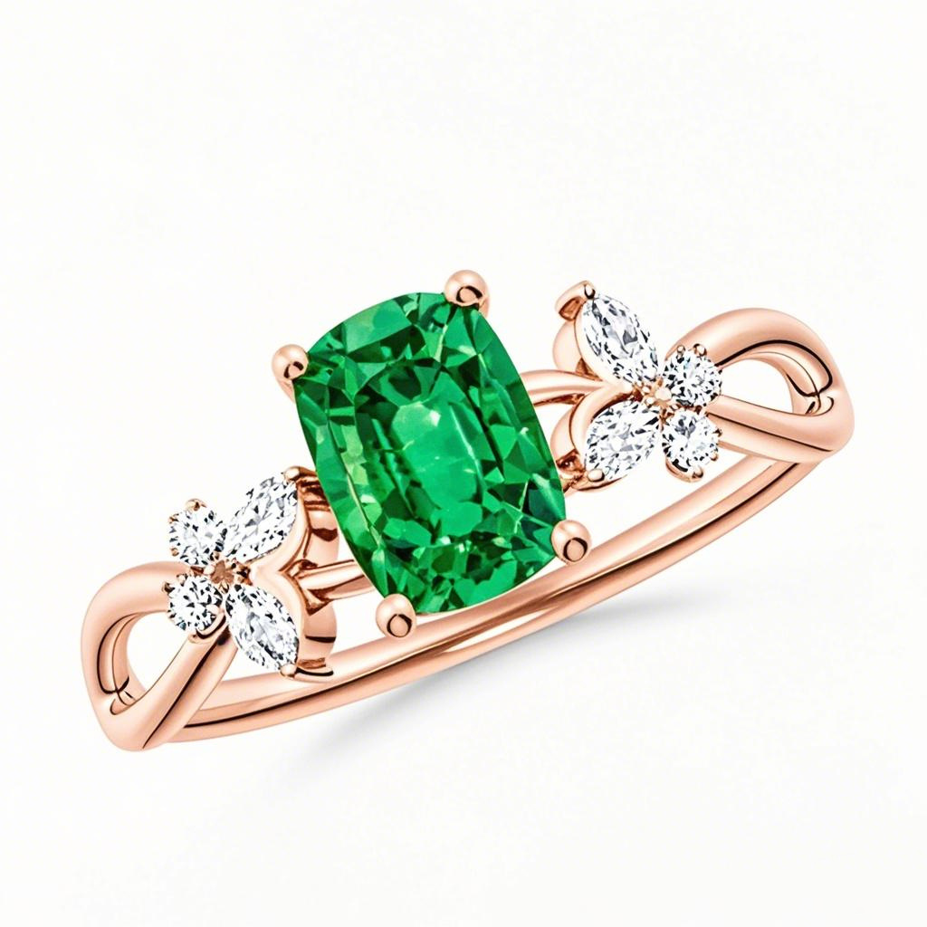 Anillo de compromiso de oro rosa de 18 quilates con esmeralda de talla cojín y 0,1 quilates de peso total de diamantes.-1