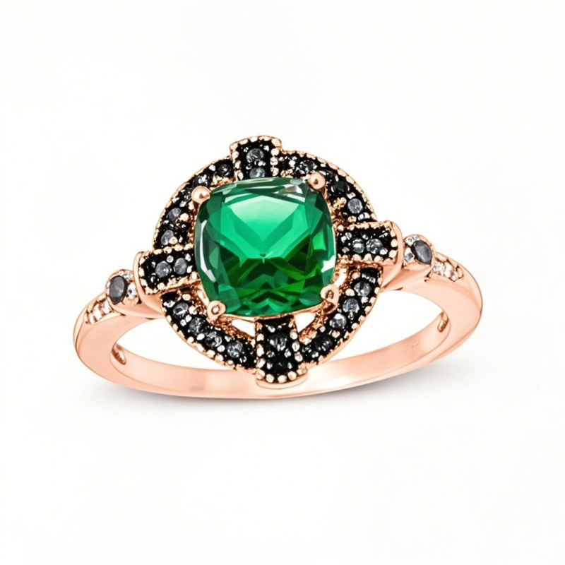 Anillo de compromiso de oro rosa de 14 quilates con esmeralda talla cojín y diamantes blancos y negros de 0,15 quilates en total, con montura en forma de cruz de estilo gótico.-1