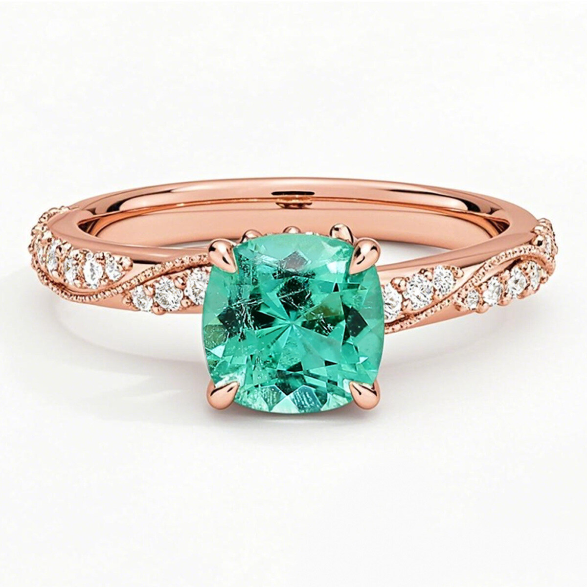 Anillo de compromiso de oro rosa de 14 quilates con esmeralda de talla cojín y 0,3 quilates de peso total con detalles ocultos de diamantes.-1