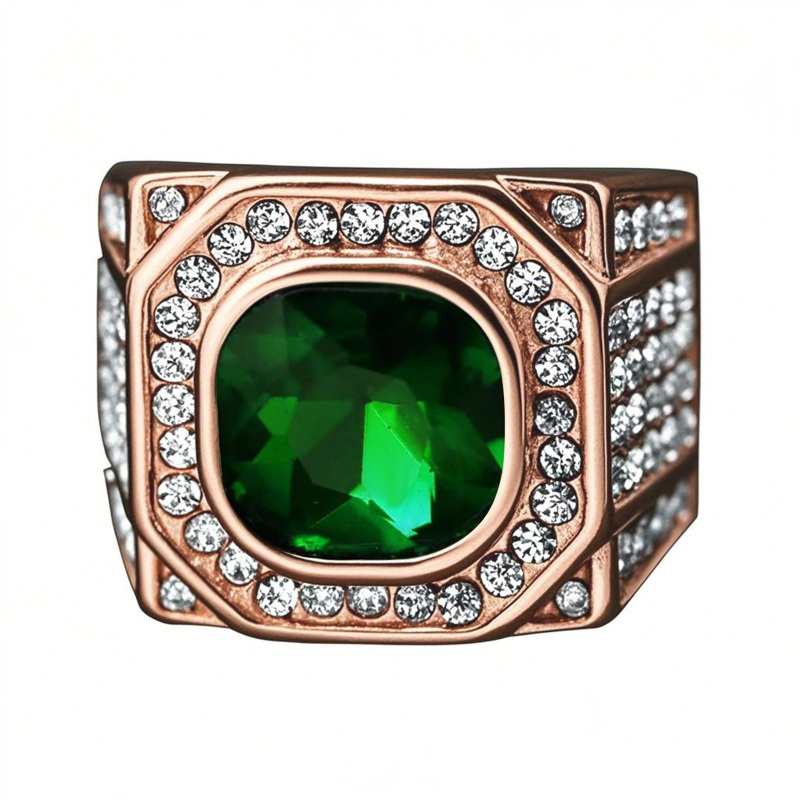 14K Rose Gold Cushion Cut Emerald & Diamond Engagement Ring for Men-1
