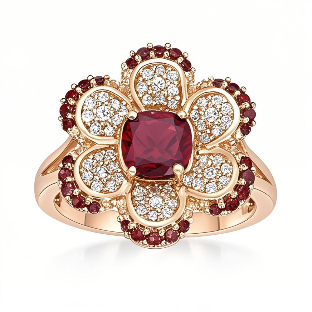 10K Rose Gold Cushion Garnet with Round White Sapphire Flower Split Shank Couple Custom Engraving Band-1