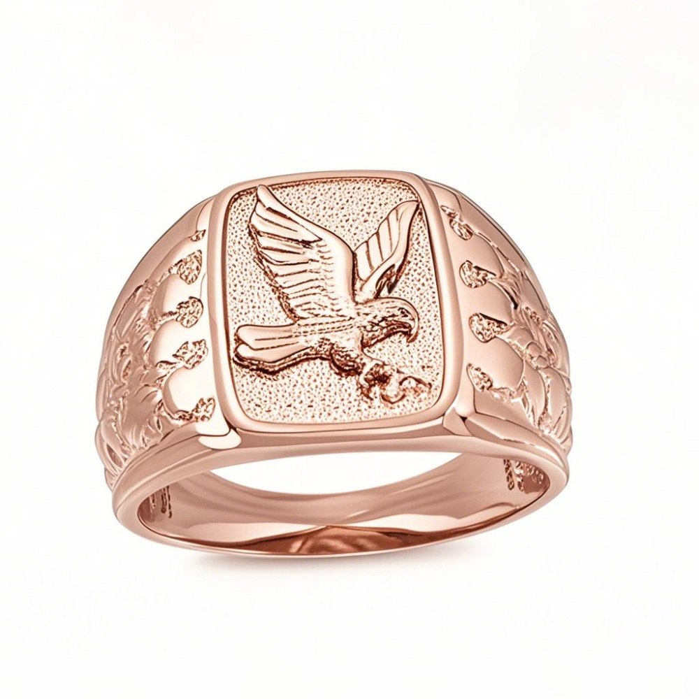 14K Rose Gold Custom Engraving Eagle Rectangular Signet Ring for Men-1