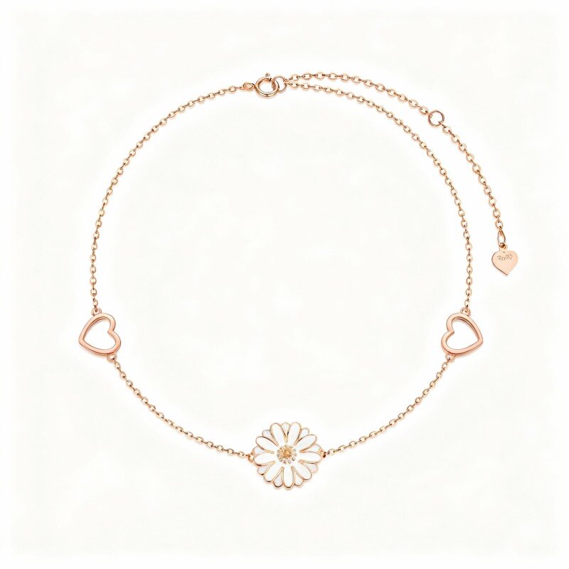 14K Rose Gold Daisy & Heart Charm Bracelet-1