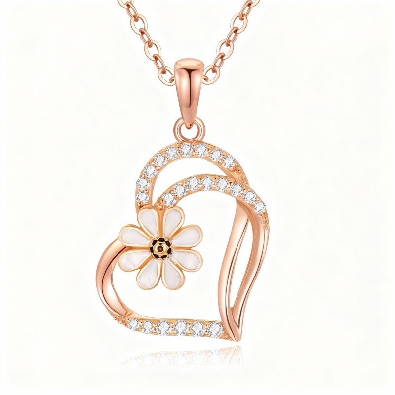 Halskette aus 14-karätigem Roségold mit Zirkonia-Anhänger in Form einer Gänseblümchen- und Herzform-1