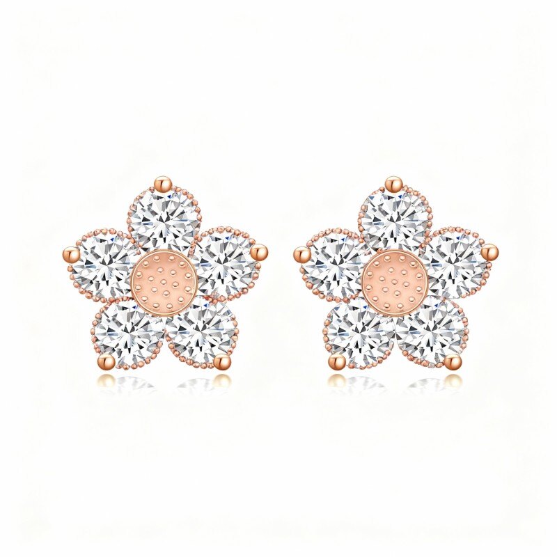Boucles d'oreilles à clous en or rose 18 carats et zircon cubique en forme de marguerite-1