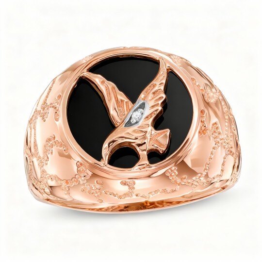 10K Rose Gold Diamond Accent Round Cut Agate & Diamond Custom Signet Ring I Color I2 Clarity 3EX