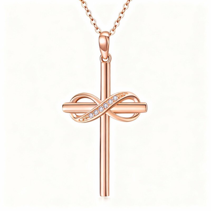 Colar com pendente de cruz e símbolo do infinito em ouro rosa 14K com diamantes-1