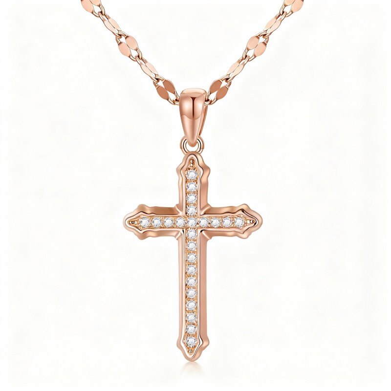 14K Rose Gold Diamond Cross Pendant Necklace-1