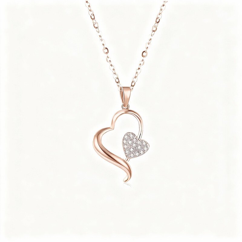 10K Rose Gold Diamond Heart With Heart Pendant Necklace-14