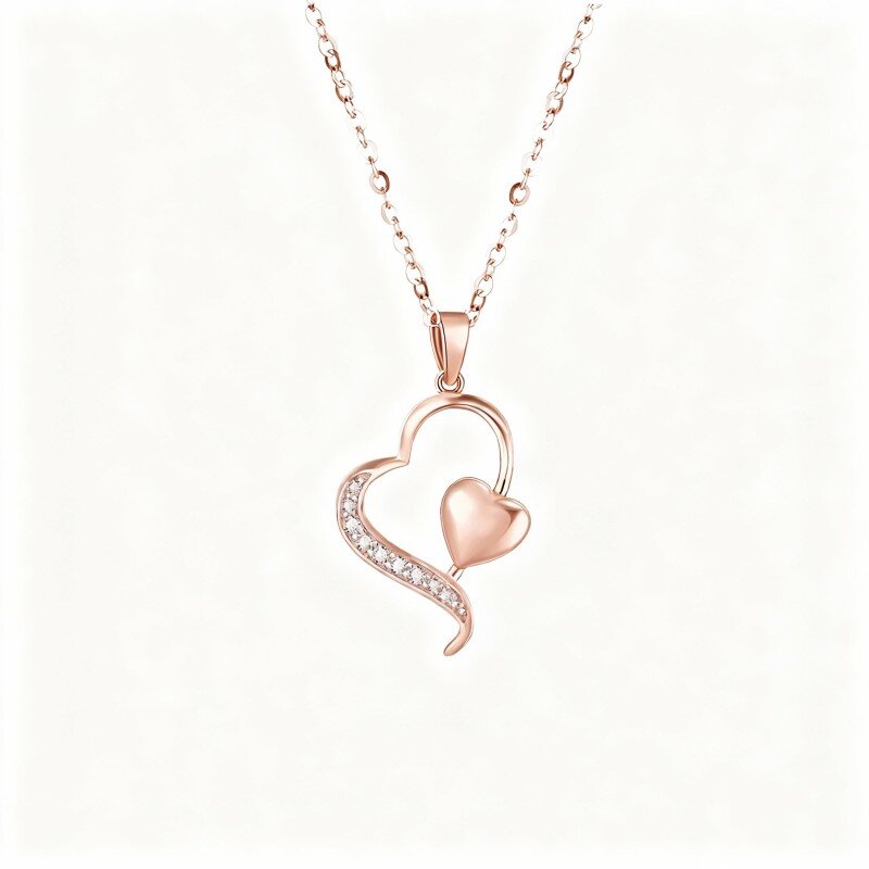 Collana con ciondolo a forma di cuore in oro rosa 10 carati con diamanti-9