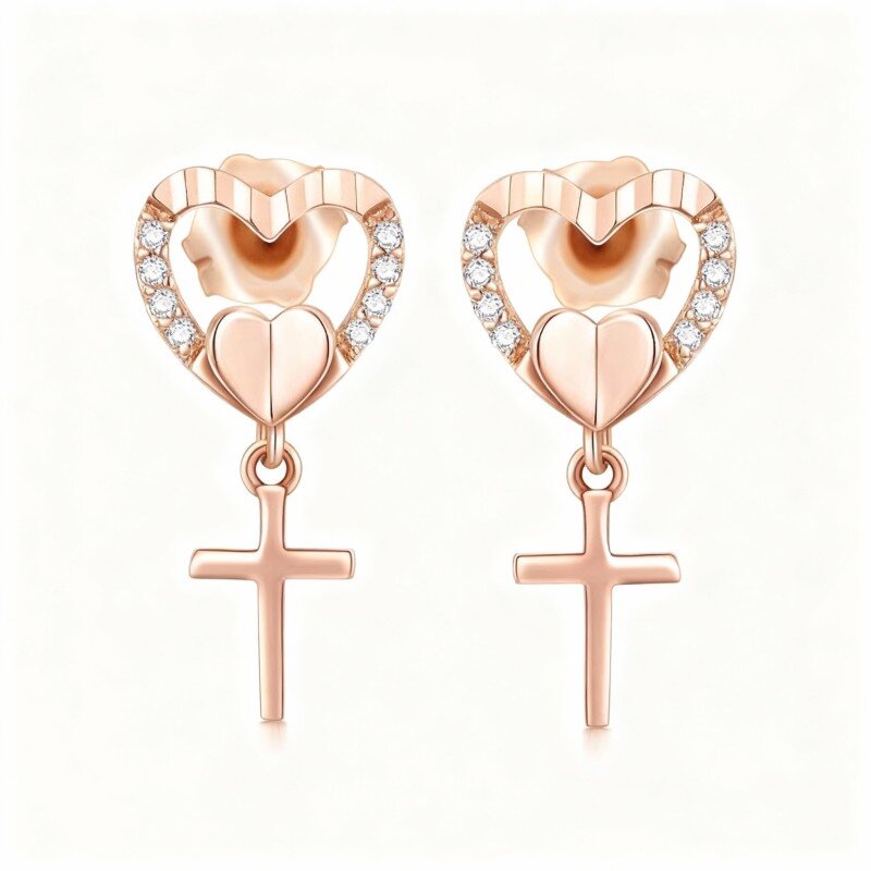 Brincos coração em ouro rosa 10K com diamantes e moissanita-1