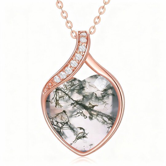 10K Rose Gold Diamond & Moss Agate Heart Pendant Necklace