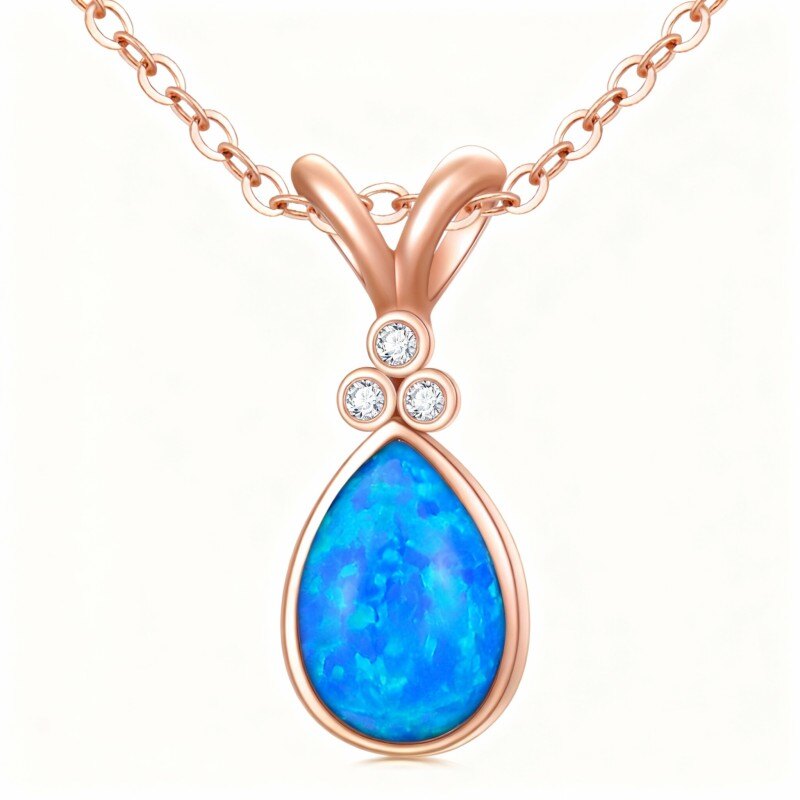 14K Rose Gold Diamond & Opal Drop Shape Pendant Necklace-1