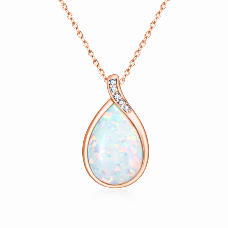 10K Rose Gold Diamond & Opal Drop Shape Pendant Necklace-7