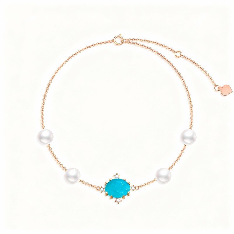 Bransoletka z zawieszką w kształcie korony z 14-karatowego różowego złota z diamentami, perłami i turkusem-1
