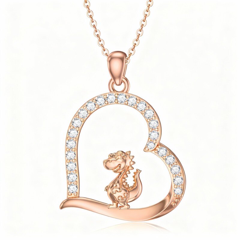 Colar com pendente de dinossauro e coração em ouro rosa 14K com zircónias cúbicas-1