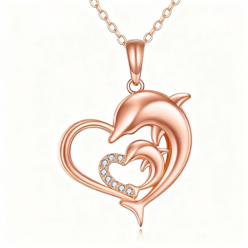 Colar com pendente de golfinho e coração em ouro rosa 14K com zircónias cúbicas-1