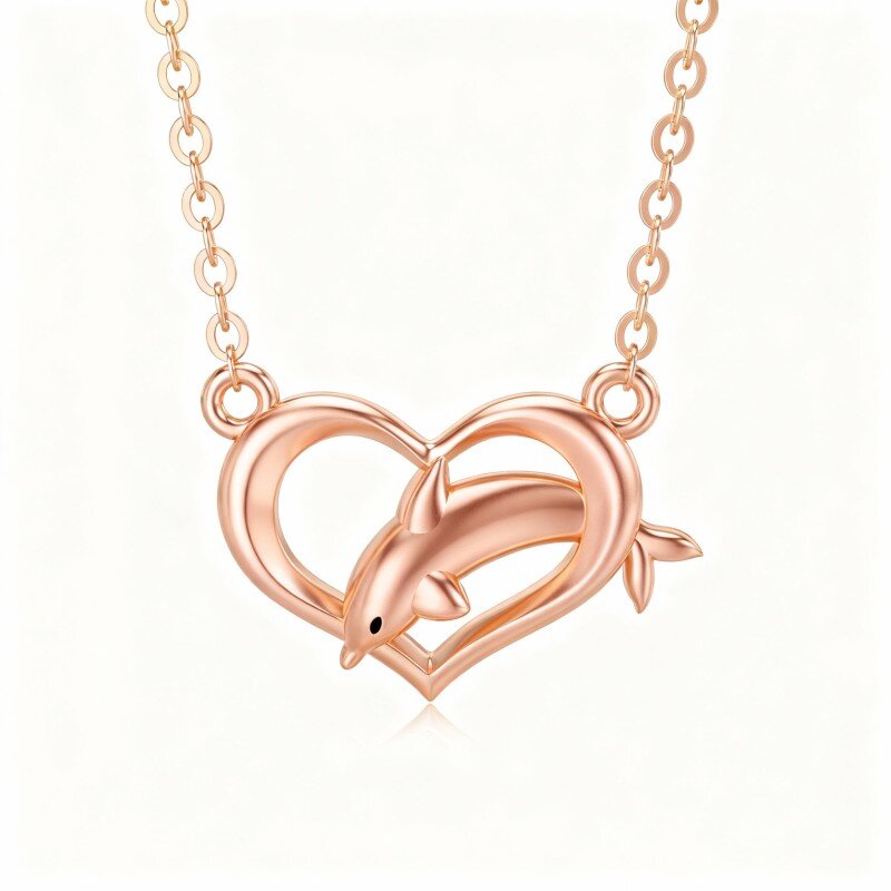 قلادة من الذهب الوردي عيار 18 قيراطًا على شكل دولفين وقلب-1