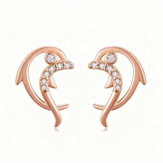 أقراط مرصعة بالزركونيا المكعبة من الذهب الوردي عيار 10 قيراط على شكل دولفين