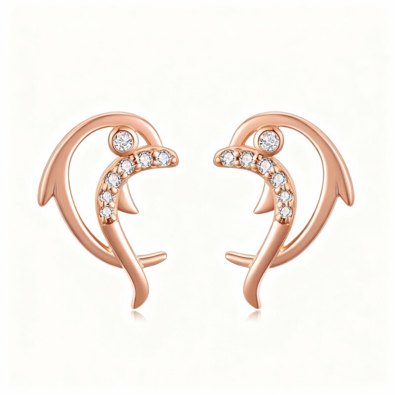 Brincos golfinho em ouro rosa 18K com zircónias cúbicas-1