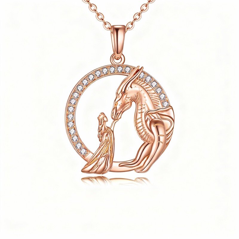 Collar con colgante de dragón de circonita cúbica en oro rosa de 14 quilates-1