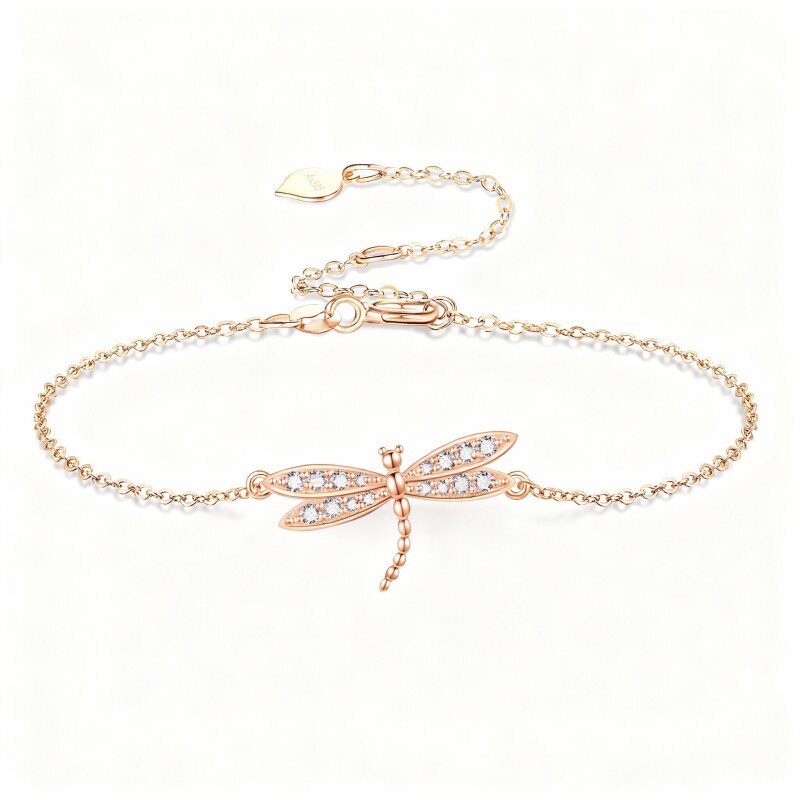 Pulseira com pendente libélula em ouro rosa 14K e zircónias cúbicas-1