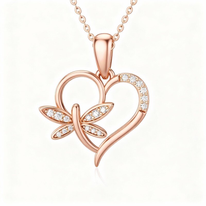 14K Rose Gold Cubic Zirconia Dragonfly & Heart Pendant Necklace-1