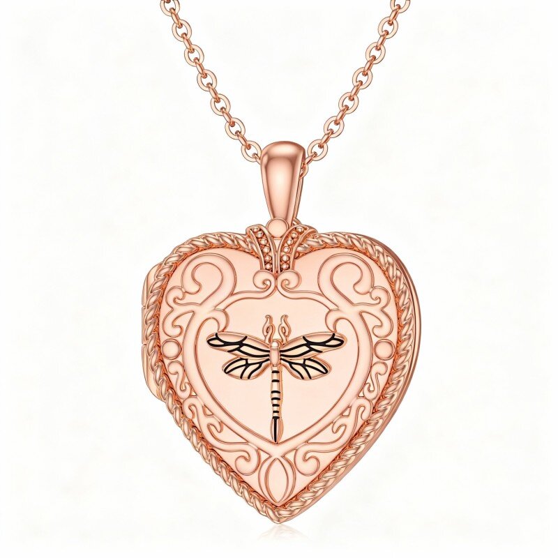 Collana con ciondolo a forma di libellula e foto personalizzata in oro rosa 10K-1
