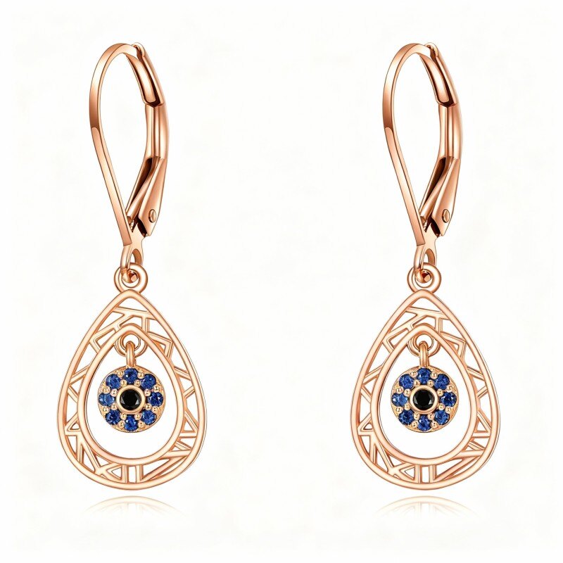 18K Rose Gold Cubic Zirconia Drop Shape & Evil Eye Lever-back Earrings-1