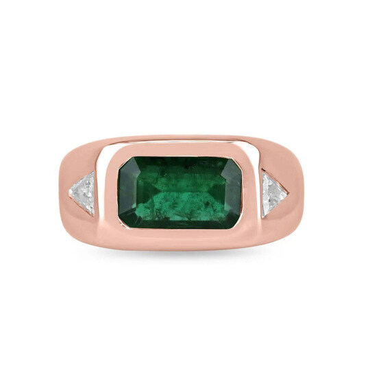 10K Rose Gold East to West Rich Forest 3.75 CT.T.W. Green Emerald & Diamond Triangle Three Stone Ring