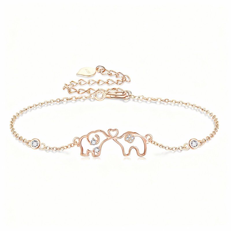 Pulsera con dije de elefante de oro rosa de 14 quilates y circonitas cúbicas-1