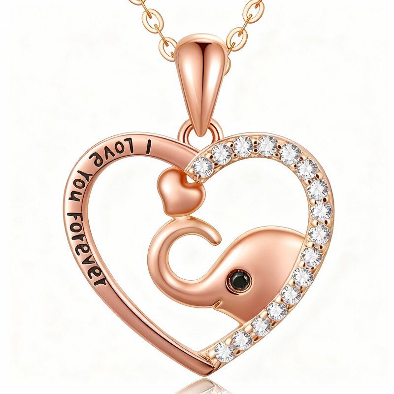 Collar con colgante de elefante y corazón en oro rosa de 10 quilates con circonitas cúbicas y palabra grabada-1