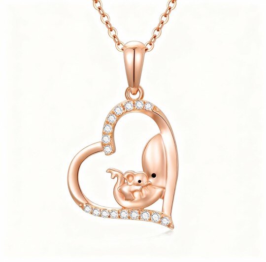 Halskette aus 10-karätigem Roségold mit Zirkonia-Anhänger in Elefanten- und Herzform