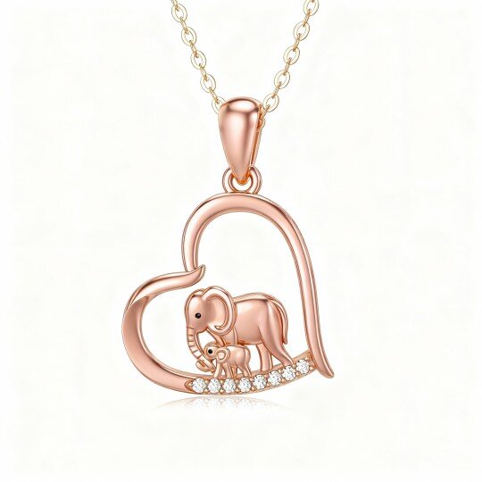 Collier pendentif éléphant et cœur en or rose 10 carats et zircon cubique