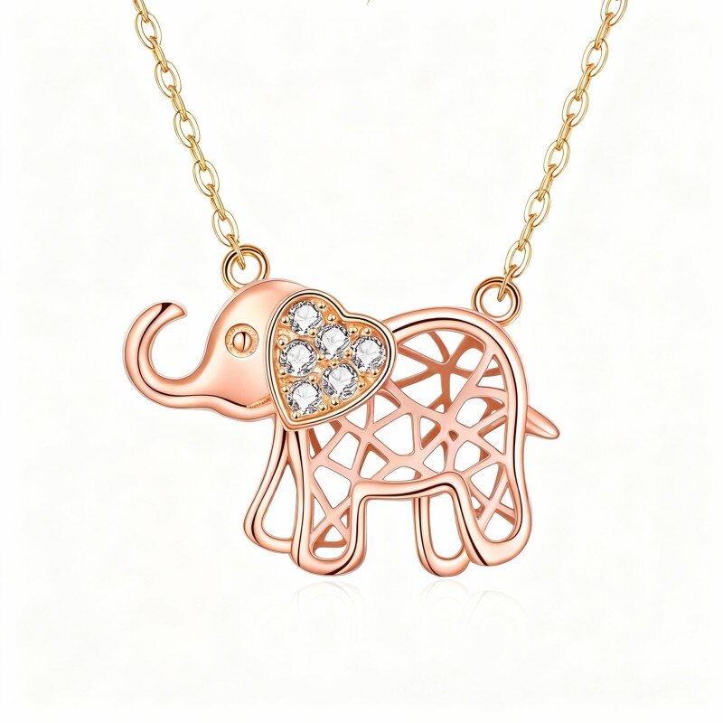 18K Rose Gold Cubic Zirconia Elephant & Heart Pendant Necklace-1