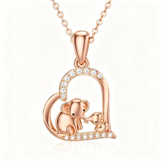 Collier pendentif en or rose 10 carats avec zircon cubique, éléphant, parents, enfants et cœur