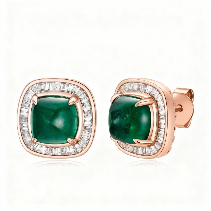 10K Rose Gold Emerald Couple & Square Stud Earrings-3