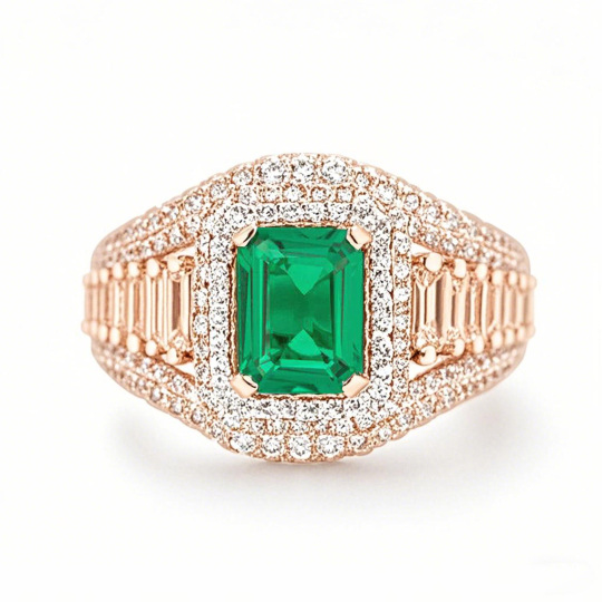 Anillo de compromiso de oro rosa de 10 quilates con esmeralda de talla esmeralda y 2,3 quilates de peso total creados en laboratorio.