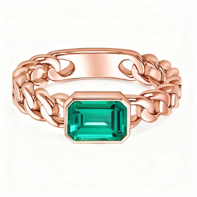 14K Rose Gold Emerald Cut Emerald Couple Wedding Ring-1