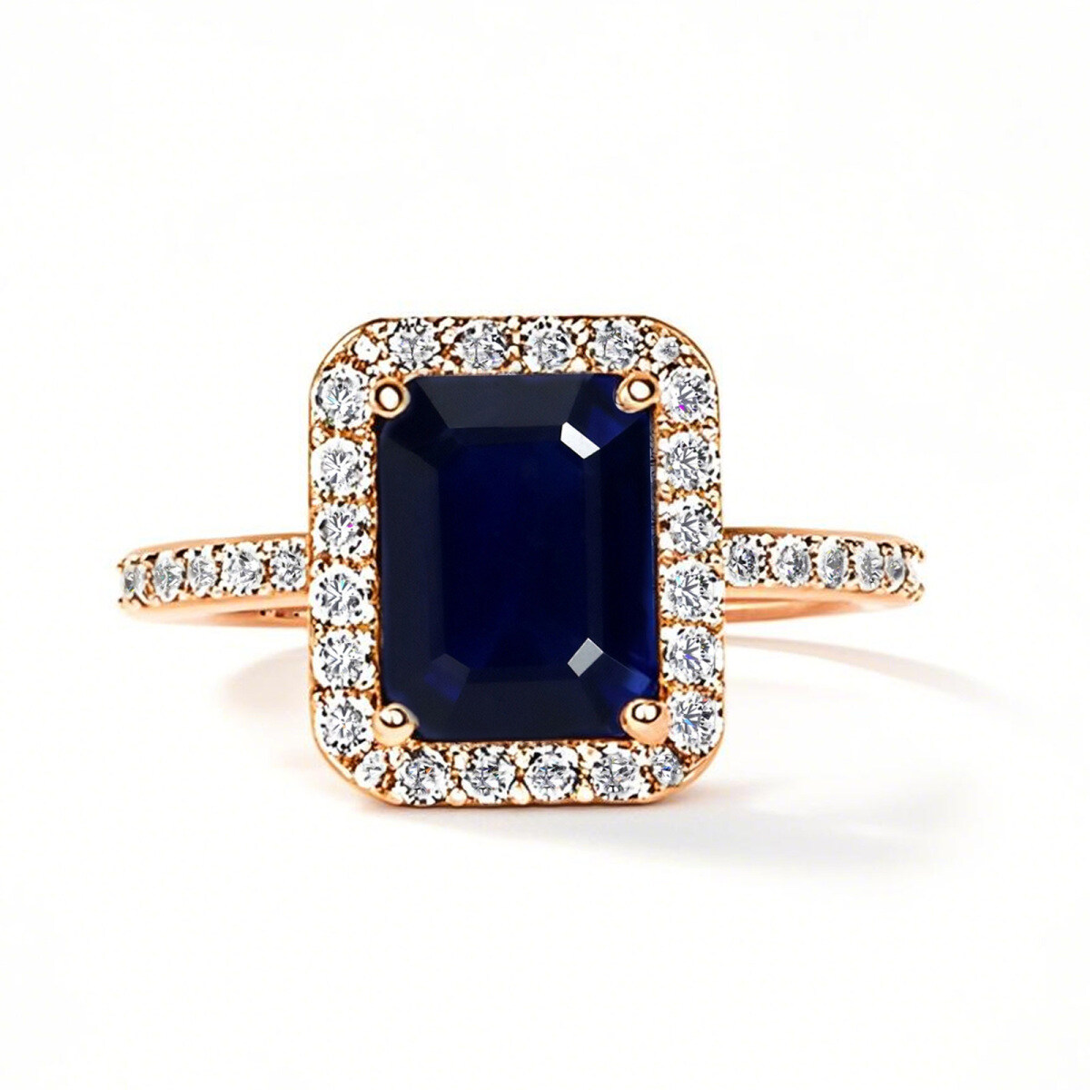 Anillo de compromiso personalizado de oro rosa de 10 quilates con corte esmeralda y halo clásico engastado en garras-1