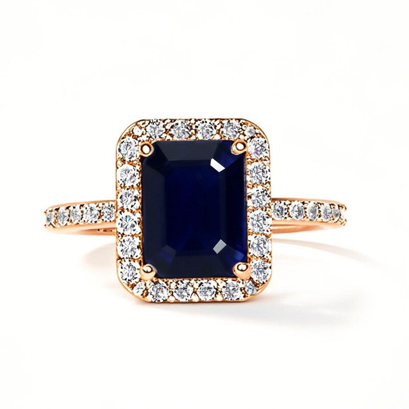 14K Rose Gold Emerald Cut Custom Engagement Ring Classic Prong Set Halo Ring-1