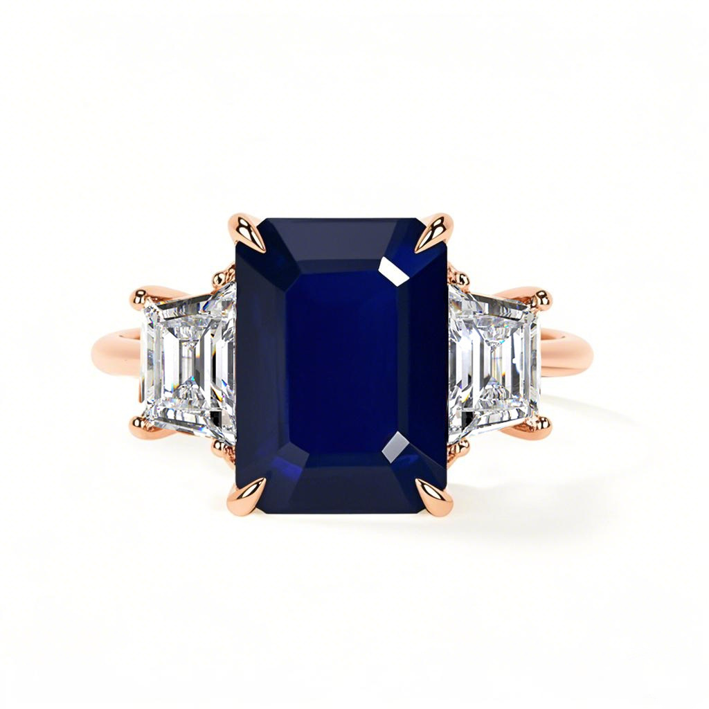 Anillo de compromiso personalizado de oro rosa de 18 quilates con corte esmeralda y piedras preciosas-1