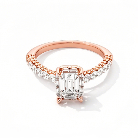 10K Rose Gold Emerald-Cut Diamond Frame Custom Engraving Engagement Ring D-VVS1 3EX IGI Certified