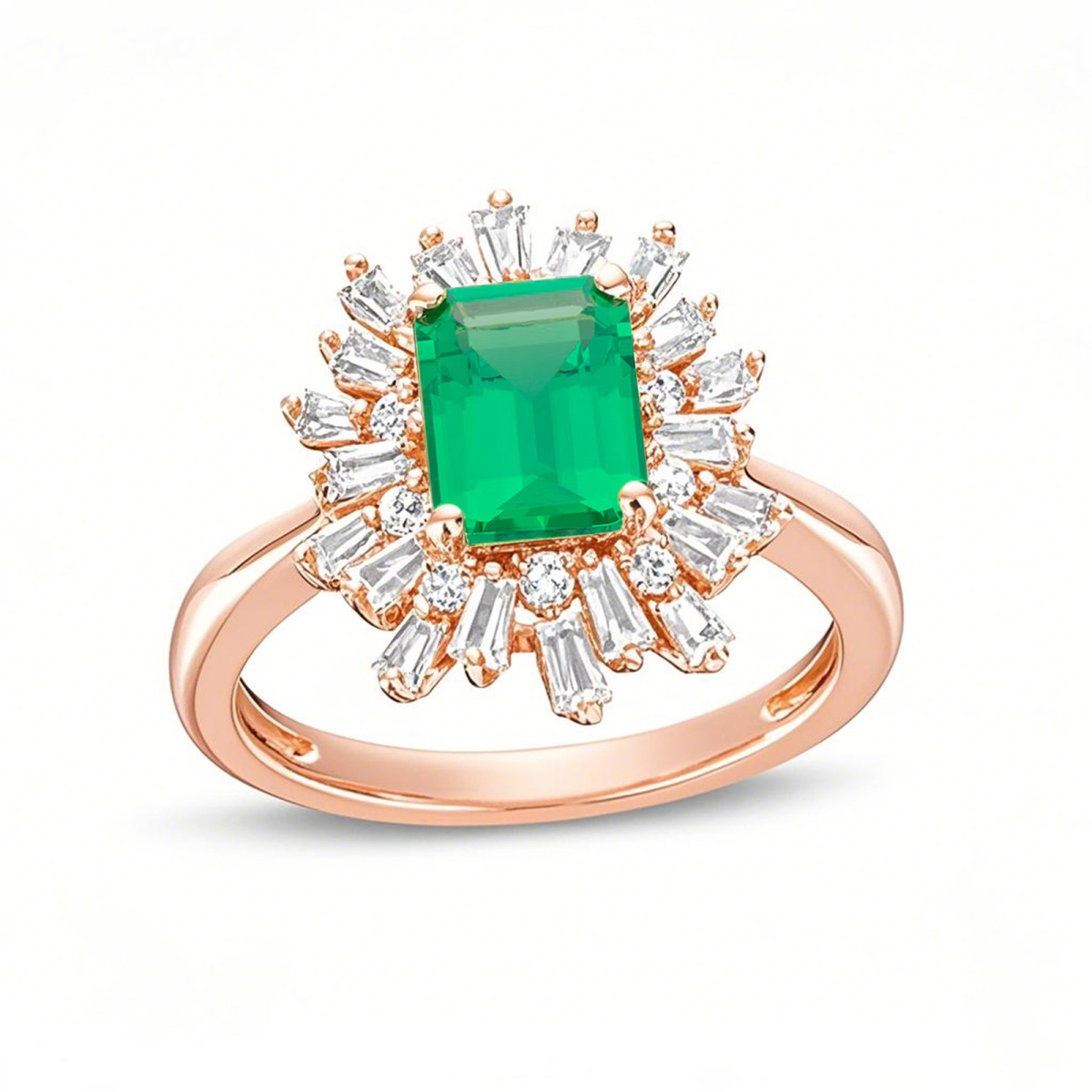 18K Rose Gold Emerald Cut Emerald & Diamond Starburst Frame Engagement Band-1